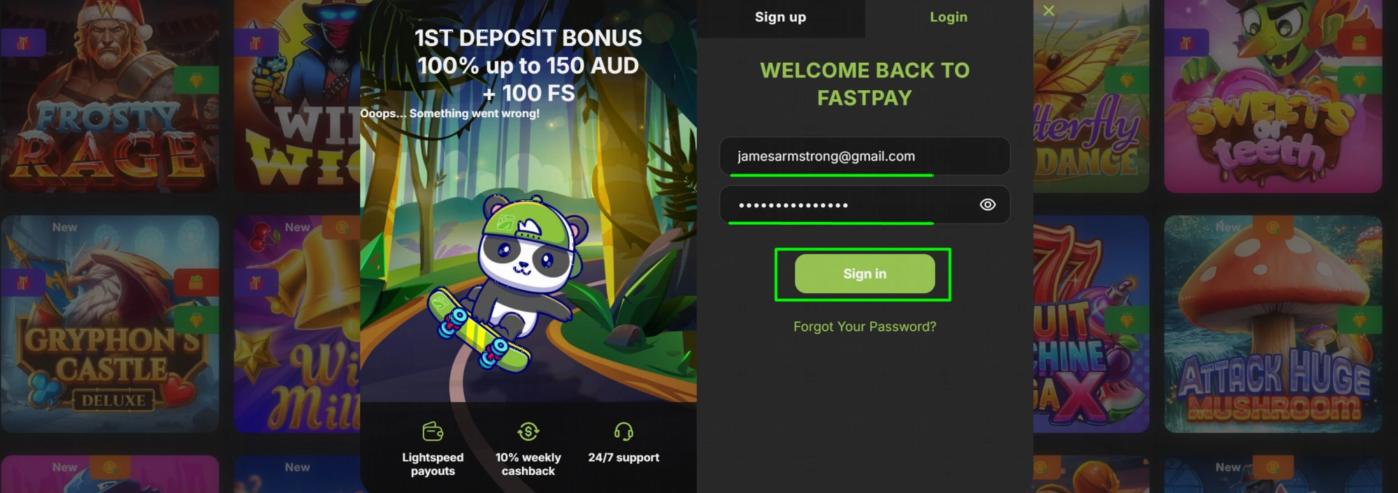 FastPay Casino login interface